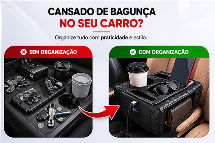 Arte comparando carro sem organização e com organização usando a almofada de apoio de braço