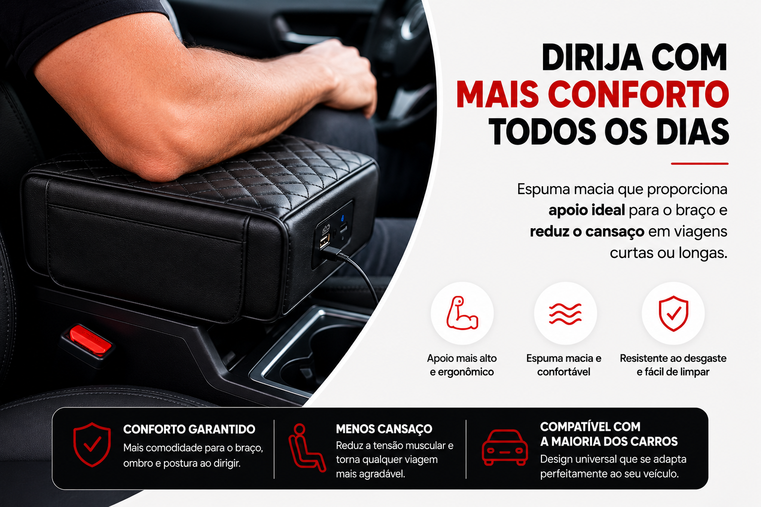 Arte mostrando mais conforto ao dirigir com a almofada de apoio de braço