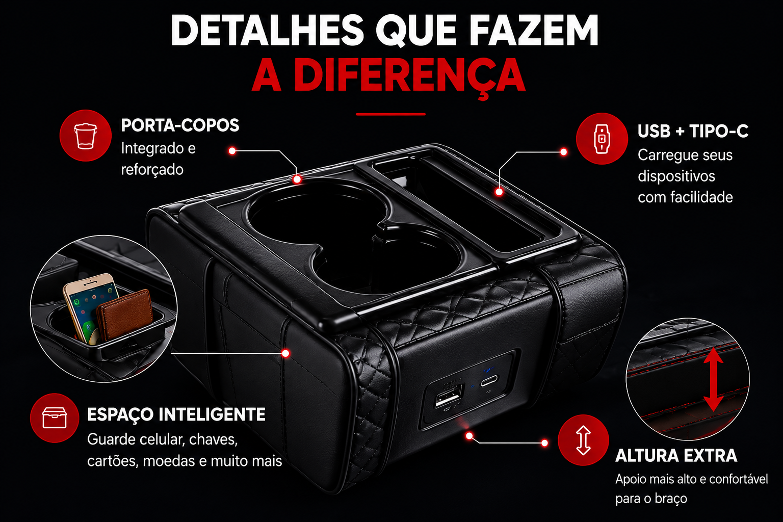 Arte destacando porta-copos, USB, Tipo-C, espaço interno e altura extra