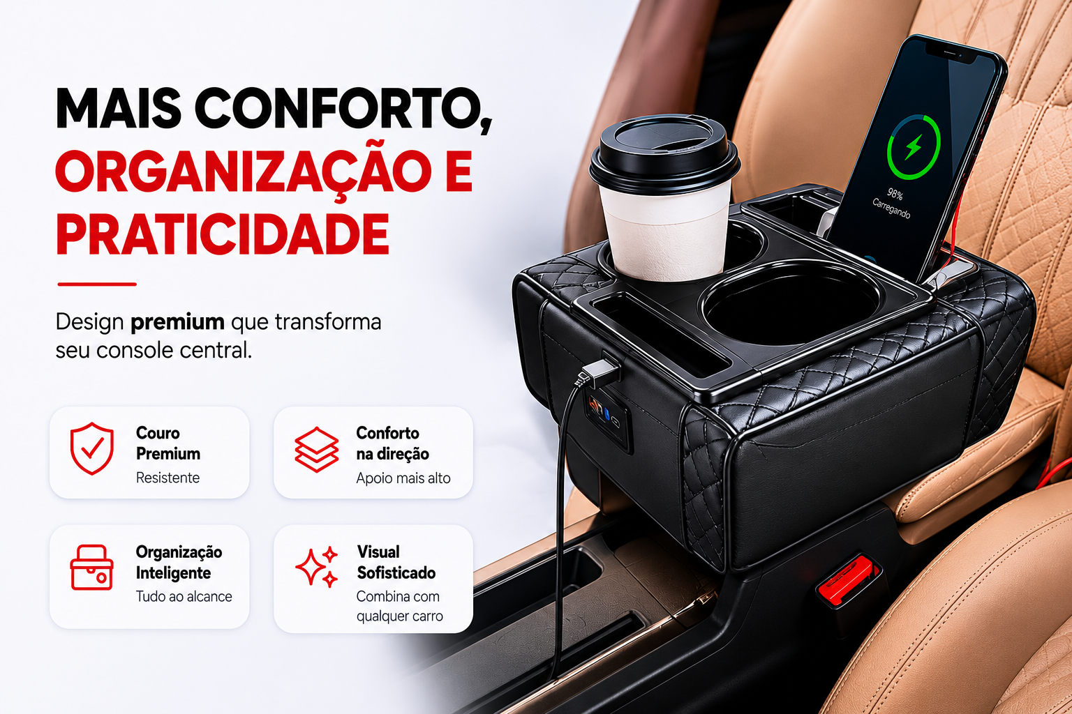 Arte mostrando a organização e praticidade da almofada de apoio de braço universal